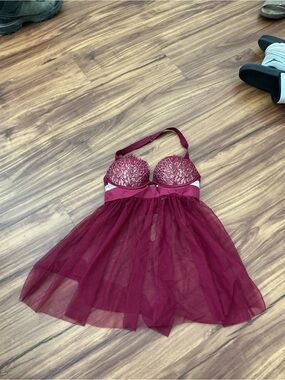 Victoria's Secret Burgundy Lace & Mesh Babydoll Chemise
